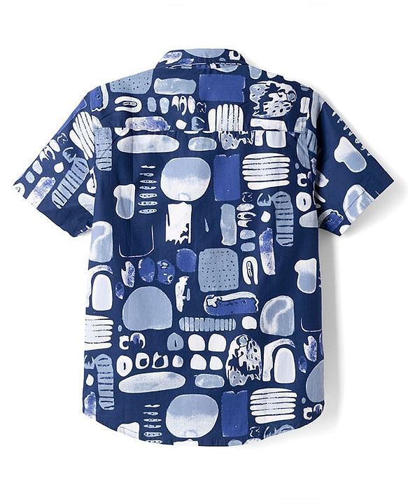 Pine Kids 100% Cotton Woven Half Sleeves Shirt and Denim Shorts with Abstract Print - Dark Blue
