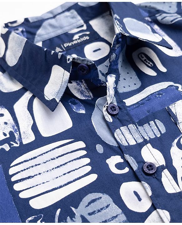Pine Kids 100% Cotton Woven Half Sleeves Shirt and Denim Shorts with Abstract Print - Dark Blue