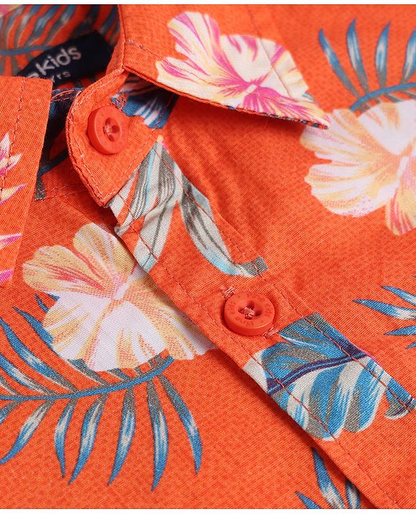 Pine Kids 100% Cotton Woven Half Sleeves Shirt & Shorts With Floral Print in Dark Orange