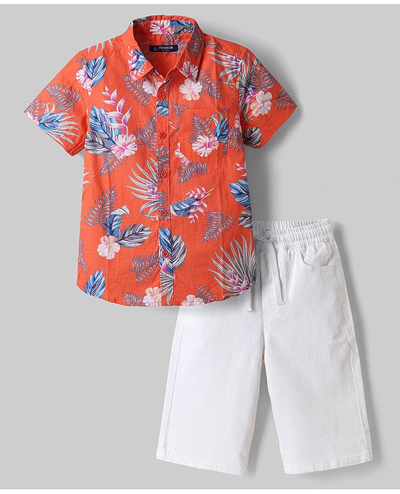 Pine Kids 100% Cotton Woven Half Sleeves Shirt & Shorts With Floral Print in Dark Orange