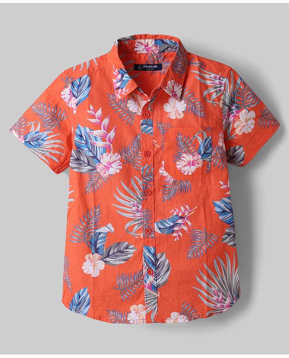Pine Kids 100% Cotton Woven Half Sleeves Shirt & Shorts With Floral Print in Dark Orange
