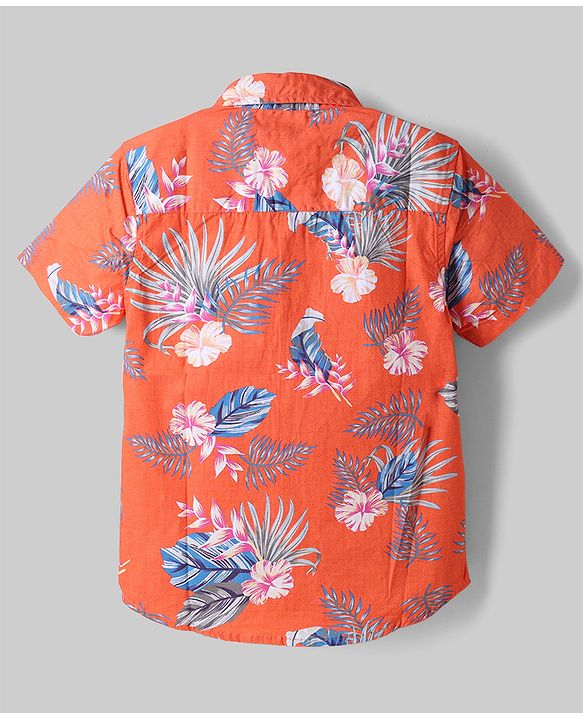 Pine Kids 100% Cotton Woven Half Sleeves Shirt & Shorts With Floral Print in Dark Orange