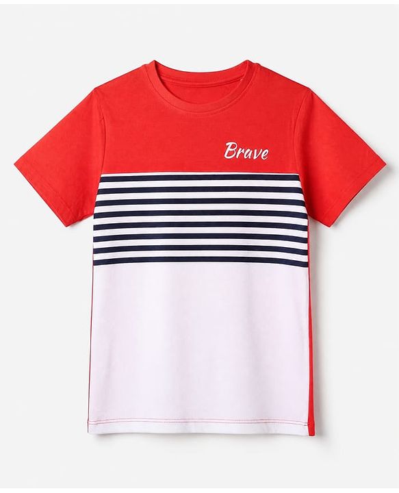 Pine Kids 100% Cotton Single Jersey Knit Half Sleeves T-Shirt and Shorts Set With Text Print - Red
