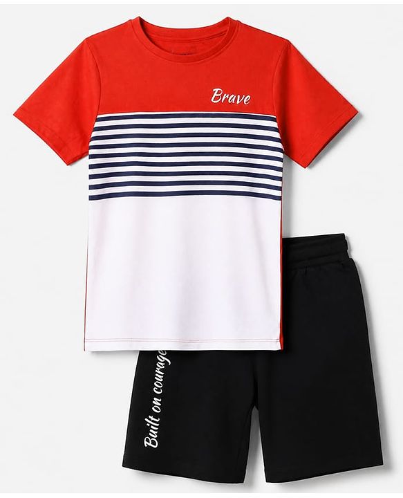 Pine Kids 100% Cotton Single Jersey Knit Half Sleeves T-Shirt and Shorts Set With Text Print - Red