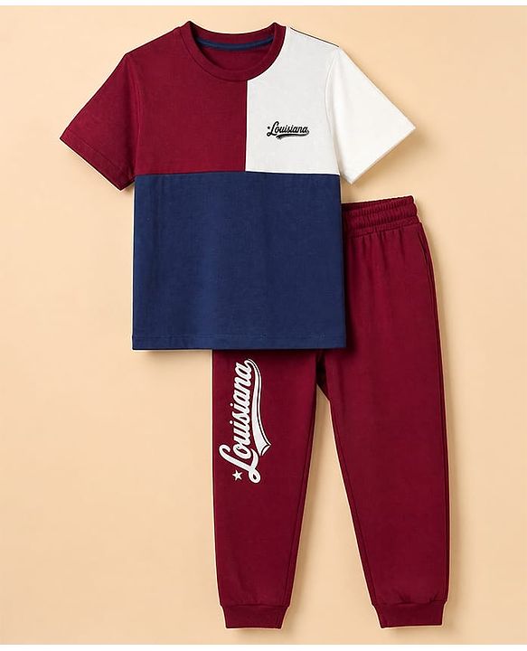 Pine Kids 100% Cotton Single Jersey Knit Half Sleeves T-Shirt and Jogger with Full Length and Louisiana Print in Navy Blue