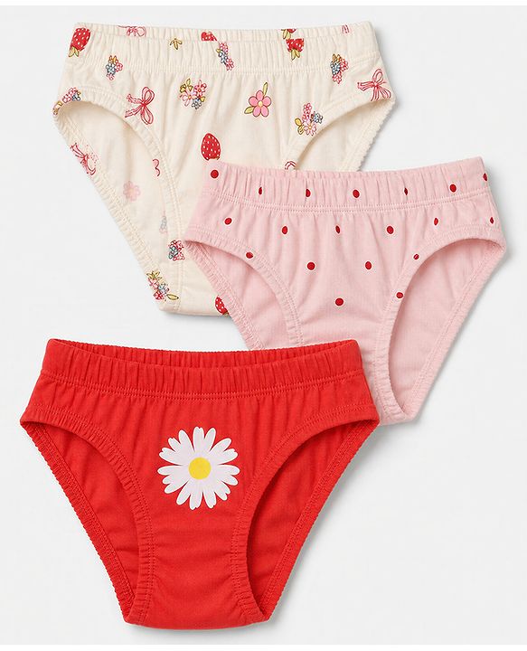 Babyhug 100% Cotton Single Jersey Knit Panties With Polka Dot & Floral Print Pack of 3 - Pink, Red & Beige