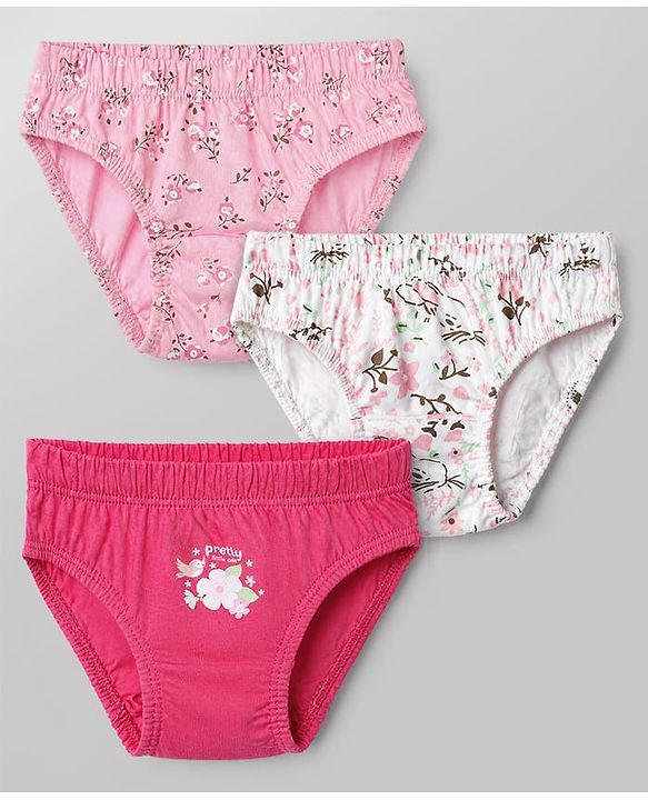 Babyhug 100% Cotton Single Jersey Knit Panties With Floral Print Pack of 3 - Pink and White