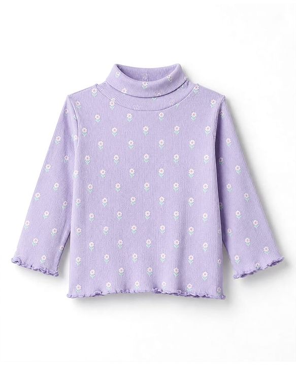 Babyhug Cotton Knit Full Sleeves Winter T-shirt With Floral Print - Plum