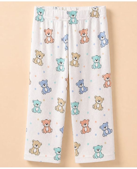 Babyhug Cotton Interlock Knit Rib Full Sleeves Co-ord T-Shirt & Pajama Night Suit with Bear & Stars Print - White