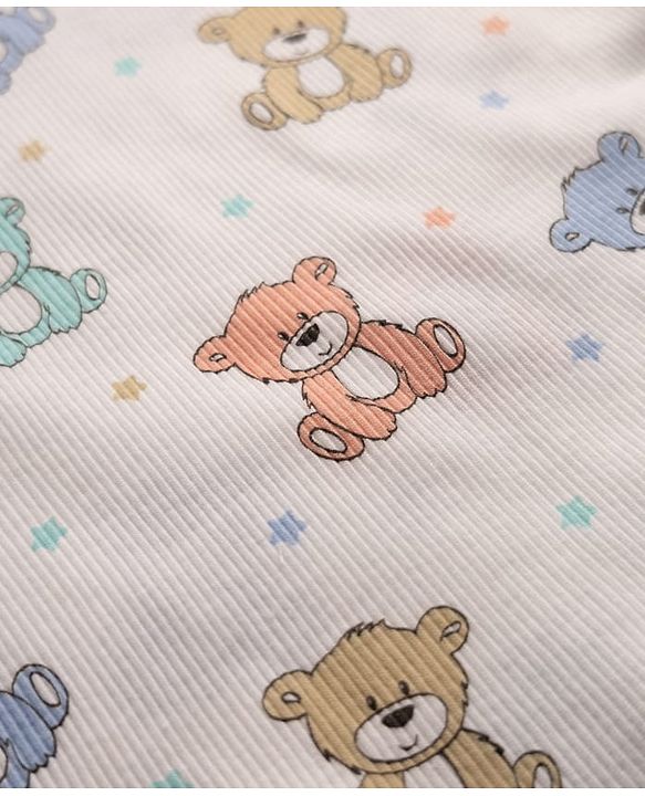 Babyhug Cotton Interlock Knit Rib Full Sleeves Co-ord T-Shirt & Pajama Night Suit with Bear & Stars Print - White