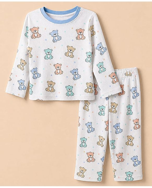 Babyhug Cotton Interlock Knit Rib Full Sleeves Co-ord T-Shirt & Pajama Night Suit with Bear & Stars Print - White
