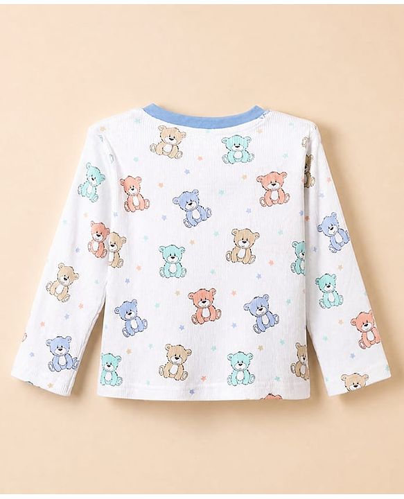 Babyhug Cotton Interlock Knit Rib Full Sleeves Co-ord T-Shirt & Pajama Night Suit with Bear & Stars Print - White