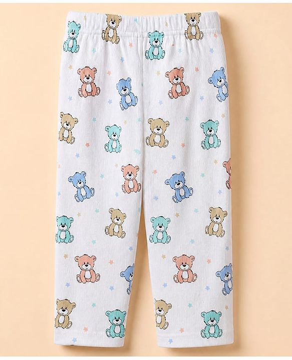 Babyhug Cotton Interlock Knit Rib Full Sleeves Co-ord T-Shirt & Pajama Night Suit with Bear & Stars Print - White
