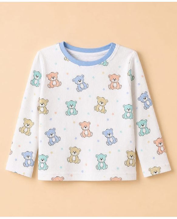 Babyhug Cotton Interlock Knit Rib Full Sleeves Co-ord T-Shirt & Pajama Night Suit with Bear & Stars Print - White