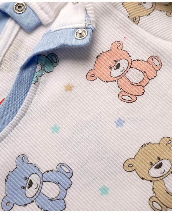 Babyhug Cotton Interlock Knit Rib Full Sleeves Co-ord T-Shirt & Pajama Night Suit with Bear & Stars Print - White