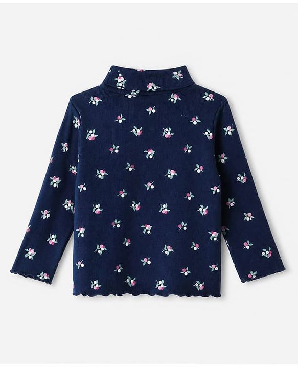 Babyhug Cotton Lycra Knit Skivi Winter T-Shirts with Full Sleeves and Floral Print - Navy Blue