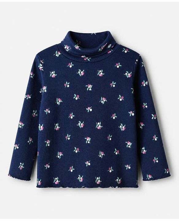 Babyhug Cotton Lycra Knit Skivi Winter T-Shirts with Full Sleeves and Floral Print - Navy Blue