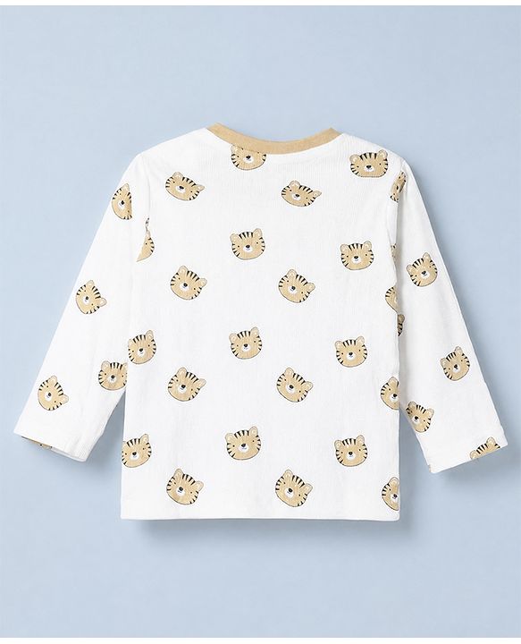 Babyhug Cotton Knit Rib Fabric Full Sleeves Co-ord T-Shirt & Pajama Night Suit with Tiger Print - White