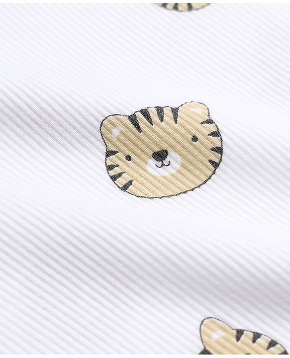 Babyhug Cotton Knit Rib Fabric Full Sleeves Co-ord T-Shirt & Pajama Night Suit with Tiger Print - White
