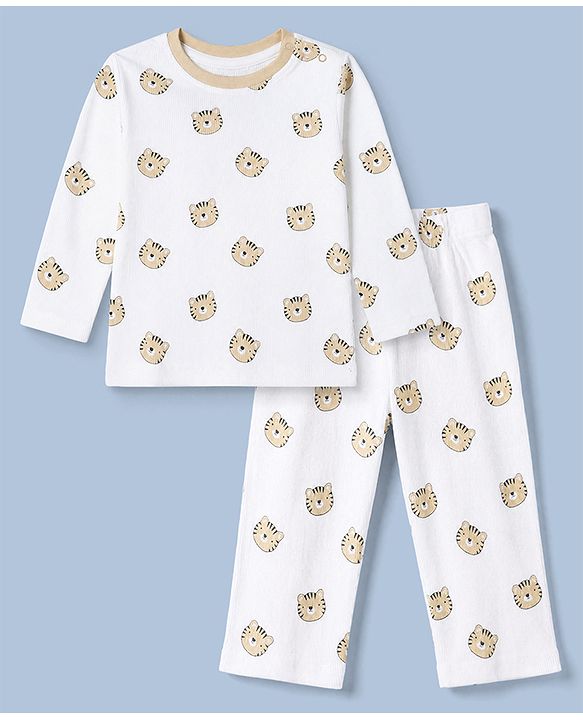 Babyhug Cotton Knit Rib Fabric Full Sleeves Co-ord T-Shirt & Pajama Night Suit with Tiger Print - White