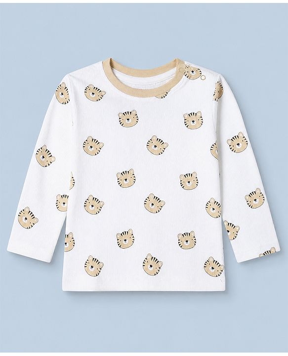 Babyhug Cotton Knit Rib Fabric Full Sleeves Co-ord T-Shirt & Pajama Night Suit with Tiger Print - White