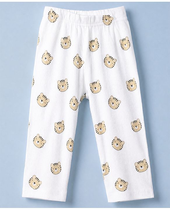 Babyhug Cotton Knit Rib Fabric Full Sleeves Co-ord T-Shirt & Pajama Night Suit with Tiger Print - White