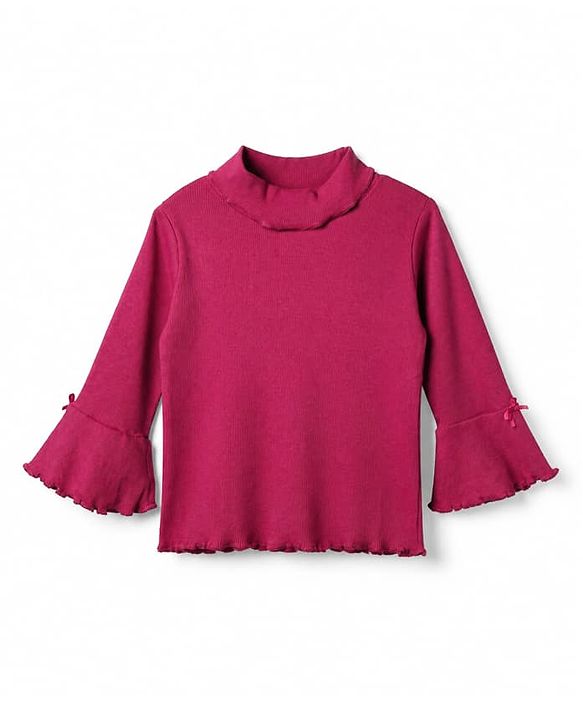 Babyhug Cotton Ribbed Knit Skivi Winter T-shirt With Full Bell Sleeves and Bow Applique in Burgandy