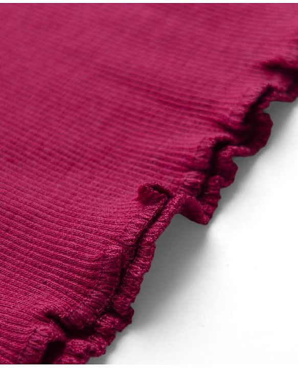Babyhug Cotton Ribbed Knit Skivi Winter T-shirt With Full Bell Sleeves and Bow Applique in Burgandy