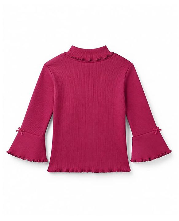 Babyhug Cotton Ribbed Knit Skivi Winter T-shirt With Full Bell Sleeves and Bow Applique in Burgandy