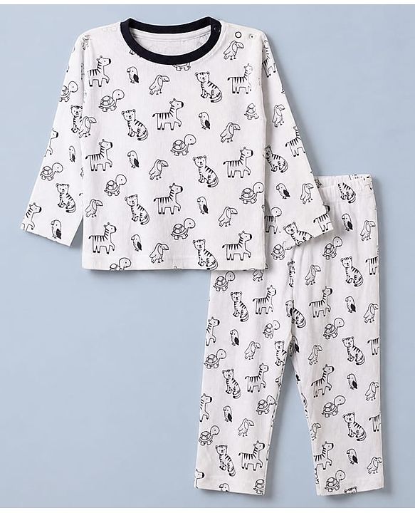 Babyhug Cotton Interlock Knit Rib Full Sleeves Co-ord T-Shirt & Pajama Night Suit with Wild Animal Print - Black