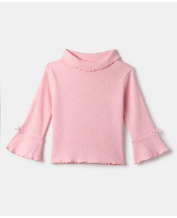 Babyhug Cotton Lycra Knit Skivi Winter T-Shirts with Full Sleeves and Frill Details with Bow Applique - Pink