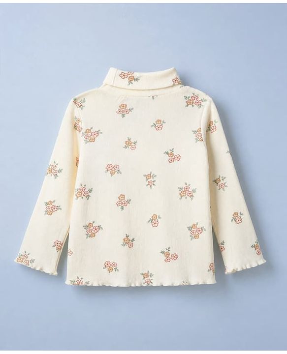 Babyhug Cotton Lycra Knit Skivi Winter T-Shirt with Full Sleeves and Floral Print - Cream