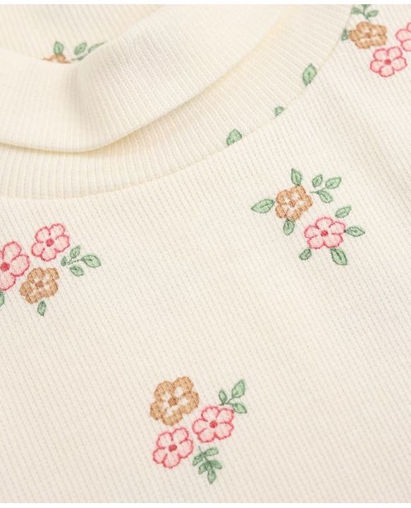 Babyhug Cotton Lycra Knit Skivi Winter T-Shirt with Full Sleeves and Floral Print - Cream