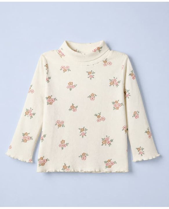 Babyhug Cotton Lycra Knit Skivi Winter T-Shirt with Full Sleeves and Floral Print - Cream