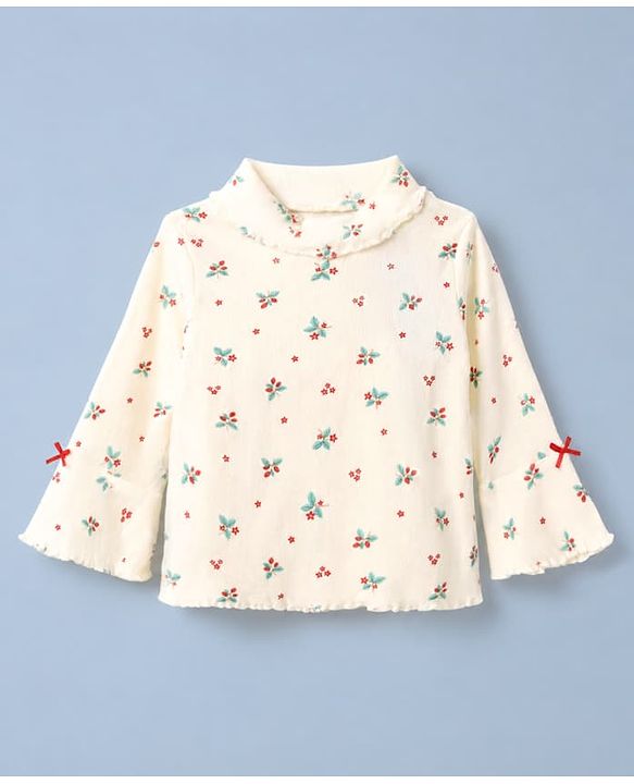 Babyhug Cotton Knit Skivi Winter T-Shirt with Full Sleeves and Floral Print in White