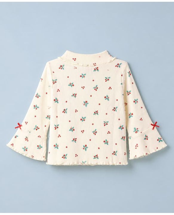 Babyhug Cotton Knit Skivi Winter T-Shirt with Full Sleeves and Floral Print in White