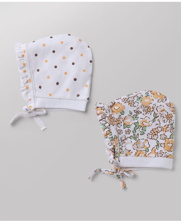 Babyhug 100% Cotton Interlock Knit Baby Caps With Floral Print In White - Diameter 13 cm