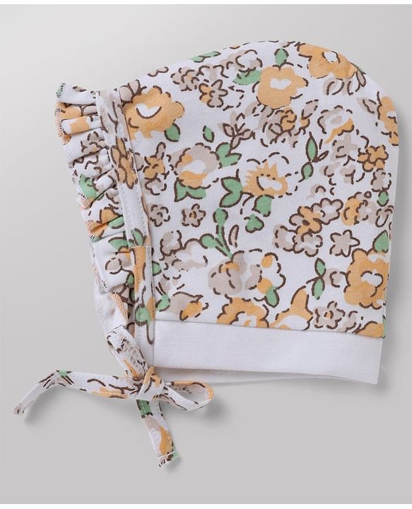 Babyhug 100% Cotton Interlock Knit Baby Caps With Floral Print In White - Diameter 13 cm