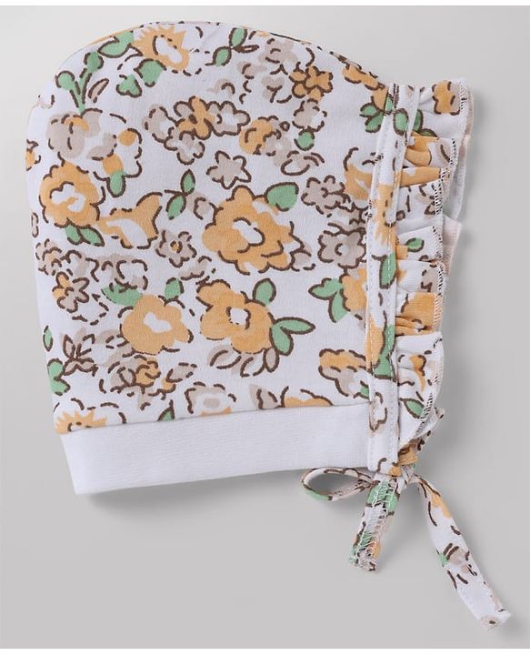 Babyhug 100% Cotton Interlock Knit Baby Caps With Floral Print In White - Diameter 13 cm