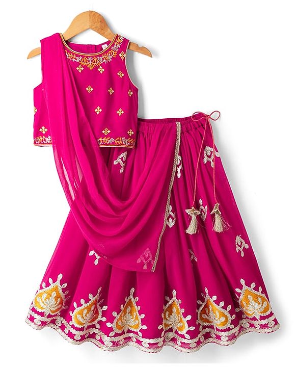 Babyhug Woven Georgette Lehenga Choli and Dupatta Set with Sleeveless and Floral Embroidery in Pink for 2-3 Years