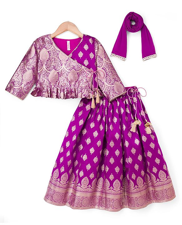 Babyhug Brocade Woven Three-Fourth Sleeves Paisley Printed Choli & Lehenga Set With Dupatta - Wine