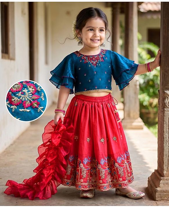 Babyhug Georgette Woven Half Sleeves Embroidered Choli & Lehenga Set With Dupatta - Fuchsia