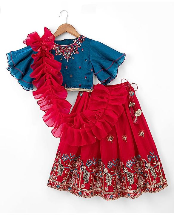 Babyhug Georgette Woven Half Sleeves Embroidered Choli & Lehenga Set With Dupatta - Fuchsia