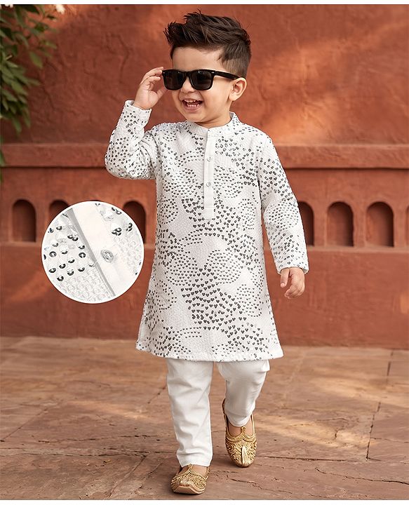 Babyhug Georgett Woven Full Sleeves Sequinned Kurta & Pyjama Set - White