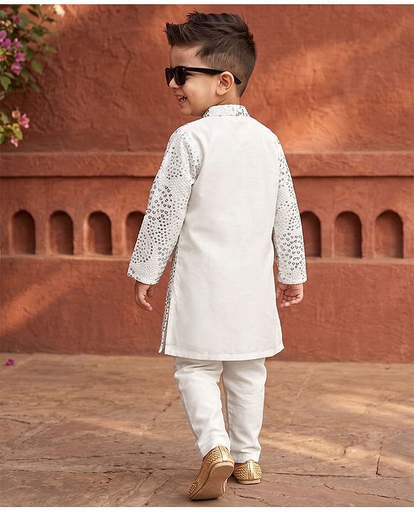 Babyhug Georgett Woven Full Sleeves Sequinned Kurta & Pyjama Set - White