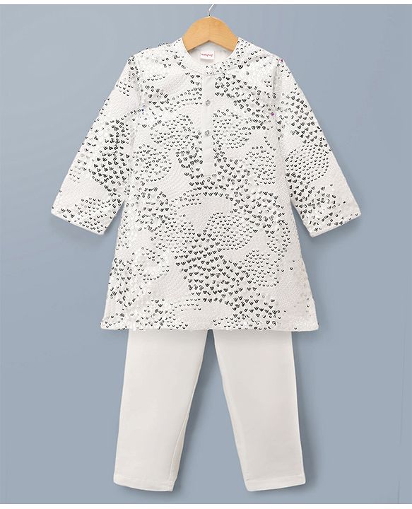 Babyhug Georgett Woven Full Sleeves Sequinned Kurta & Pyjama Set - White