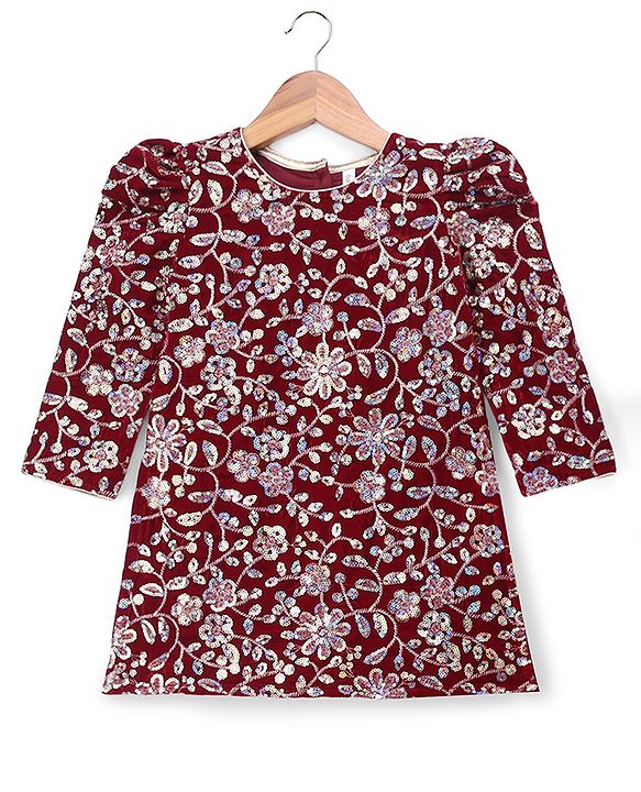 Babyhug Georgette Woven Three Fourth Sleeves Kurti, Palazzo and Dupatta with Floral Sequins in Maroon