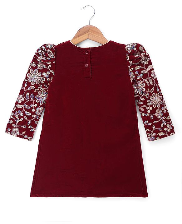 Babyhug Georgette Woven Three Fourth Sleeves Kurti, Palazzo and Dupatta with Floral Sequins in Maroon