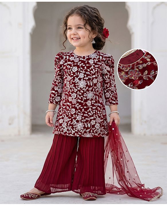 Babyhug Georgette Woven Three Fourth Sleeves Kurti, Palazzo and Dupatta with Floral Sequins in Maroon