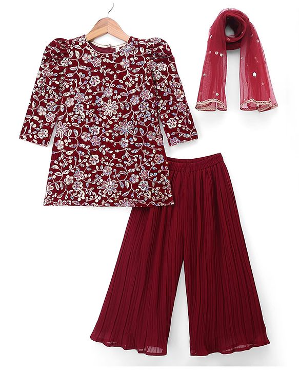 Babyhug Georgette Woven Three Fourth Sleeves Kurti, Palazzo and Dupatta with Floral Sequins in Maroon